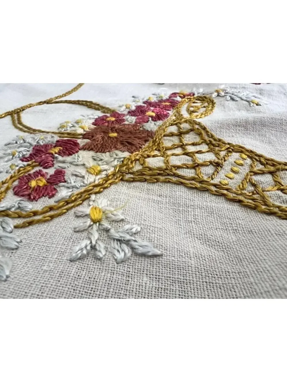 Vintage Embroidered Linen Doily | Floral Crochet Lace Table Topper